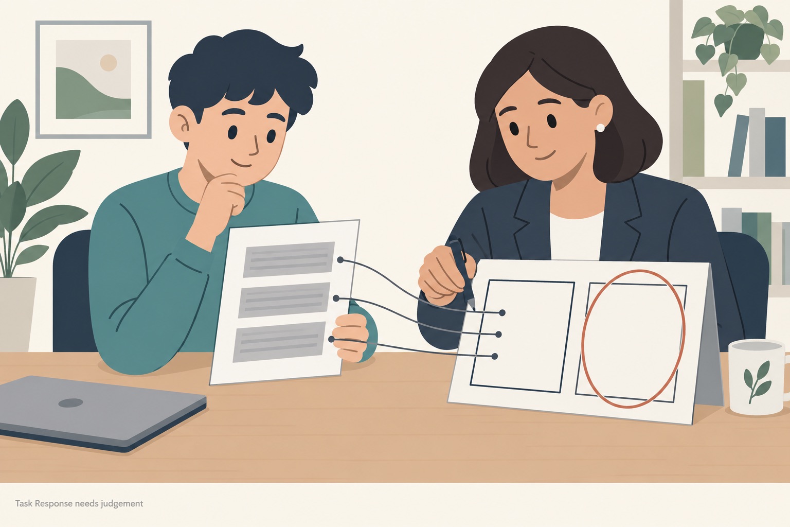 A student holding an essay sheet of three grey placeholder blocks while an examiner beside them traces lines with a pen from each block to the left half of a propped-up prompt card, the empty right half with no lines reaching it ringed in thin terracotta, a closed laptop pushed to the edge of the table