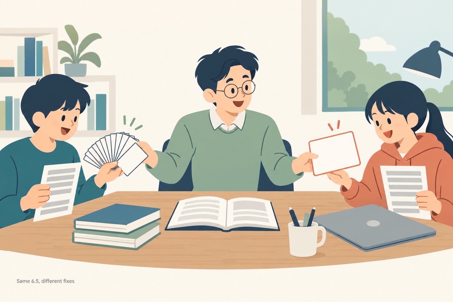 A tutor seated at a desk handing two students different study plans, one student receiving a long fan of small cards and the other receiving a single large card ringed in thin terracotta, both students holding essays drawn as grey bars