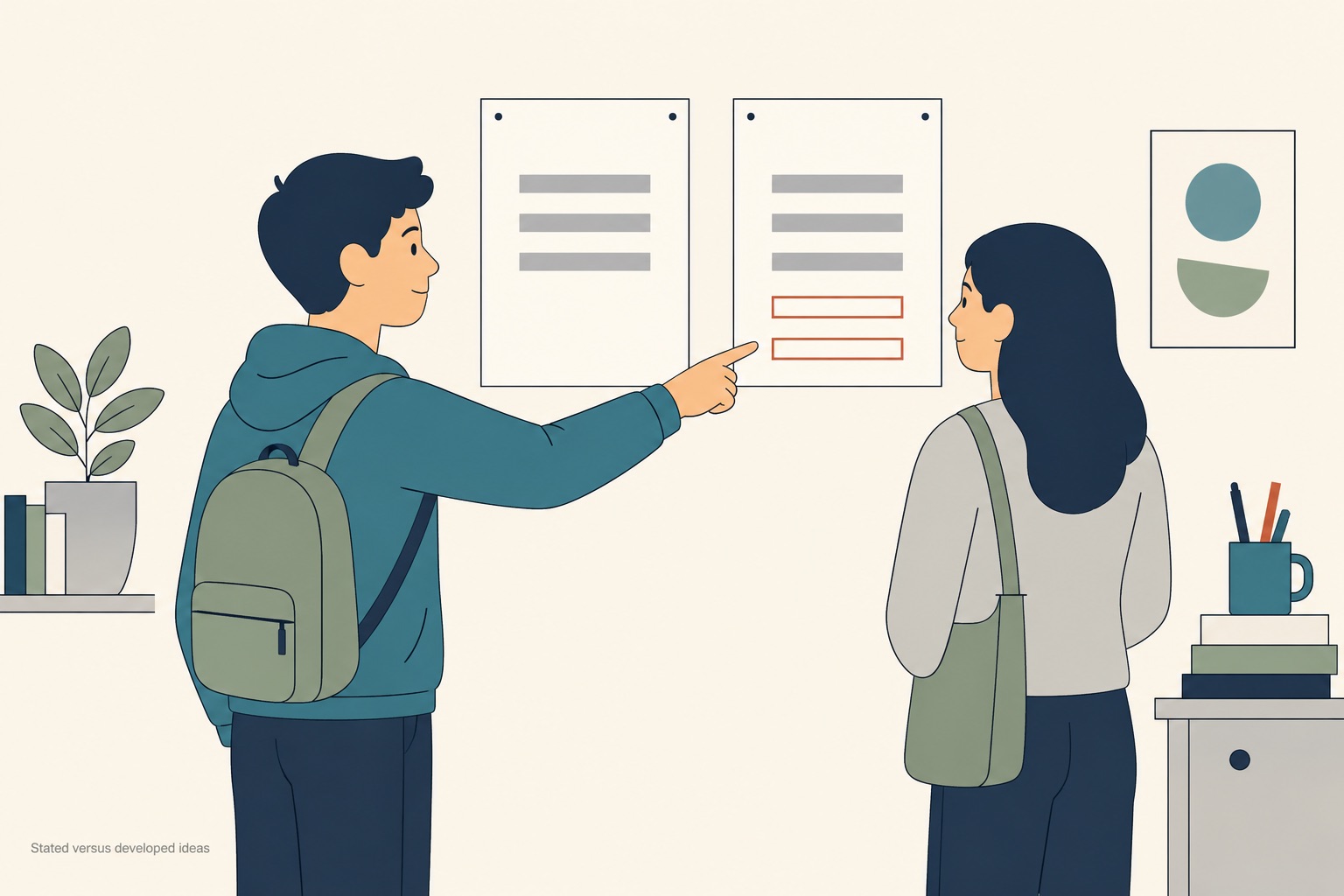 Two students facing each other at a wall where two sheets hang side by side, the left sheet showing three grey placeholder bars and the right sheet the same three bars with two more added beneath them outlined in thin terracotta, one student pointing across to the added bars