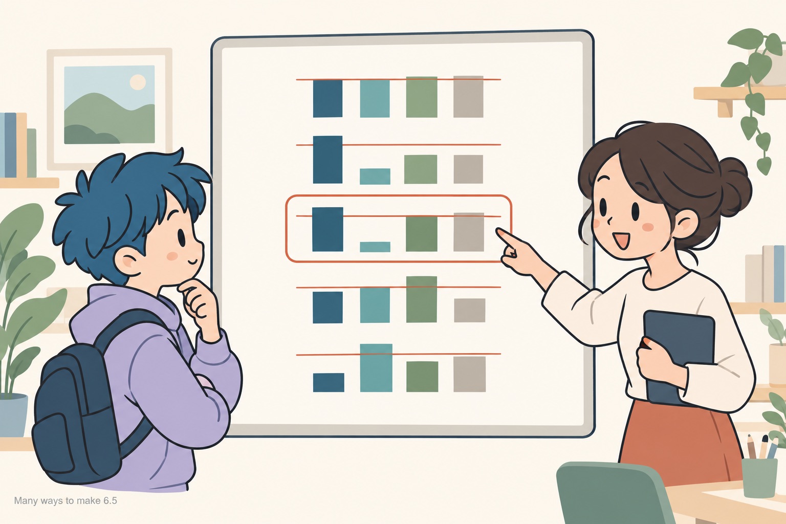 A tutor pointing at a wall board with five rows of four coloured bars, each row arranged differently against the same thin line, while a student with a backpack watches; the row with one very short bar is ringed in thin terracotta