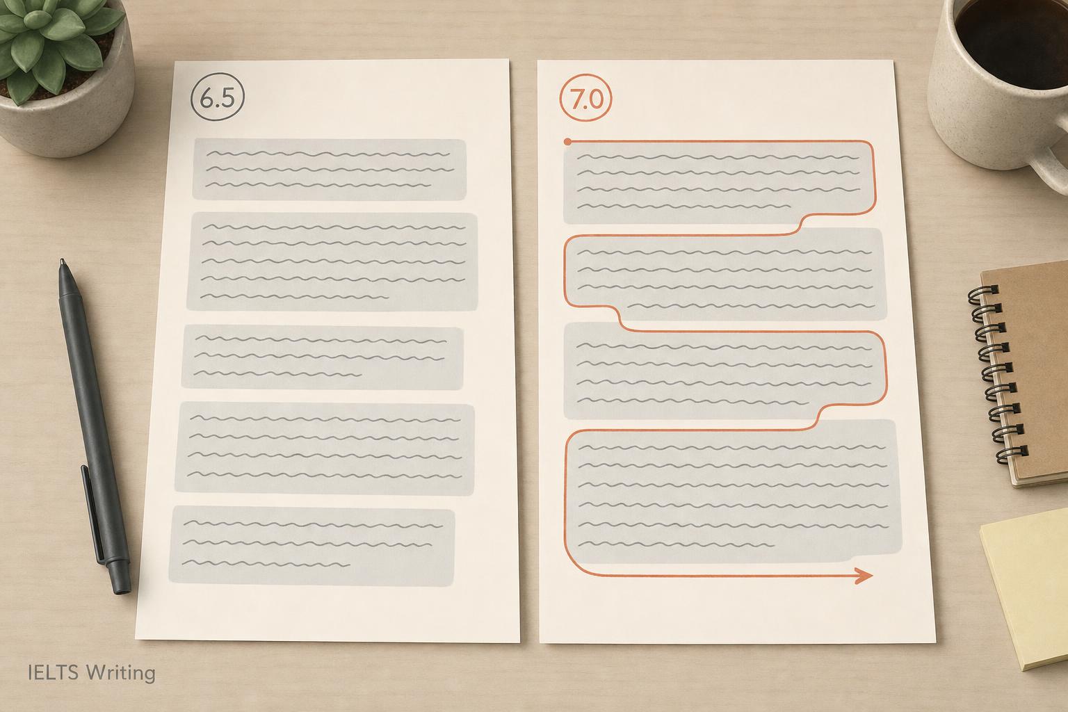 Two answers to the same IELTS Task 2 question side by side: the band 6.5 essay as disconnected paragraph blocks, the band 7 essay as paragraphs joined by one continuous line of argument