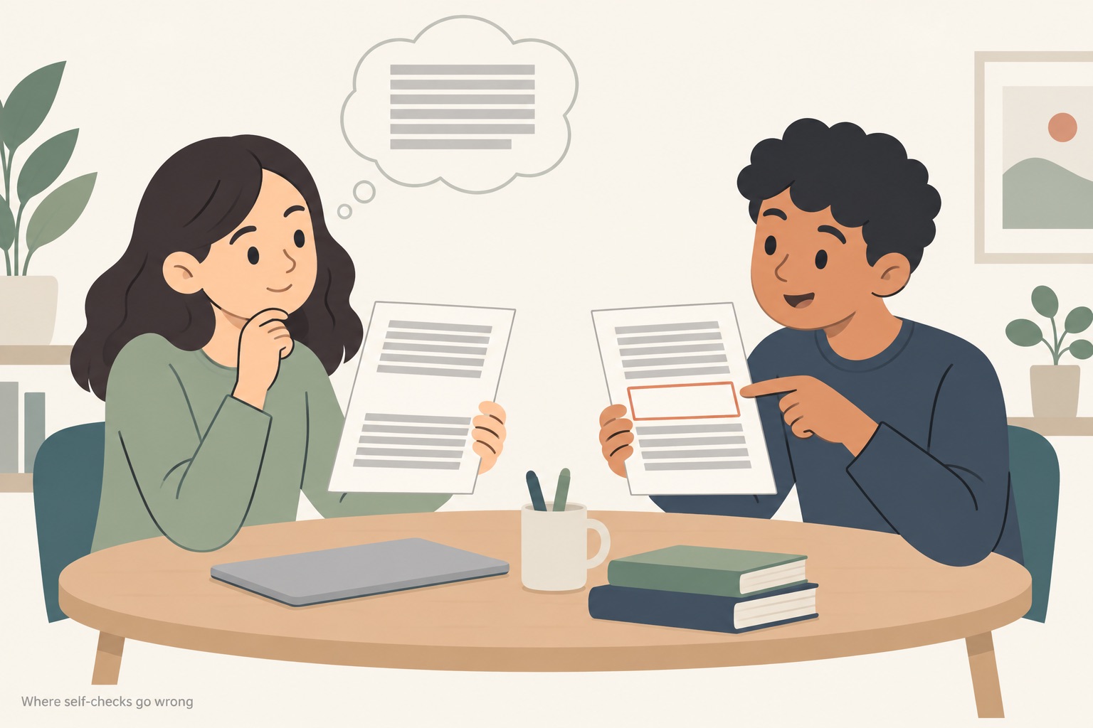 Two study partners at a small table each holding a copy of the same essay sheet drawn as grey placeholder bars with one visible gap where a paragraph should be, a faint thought bubble of grey bars floating above the first student filling that gap, while the second student points at the empty gap on their copy, which is ringed in thin terracotta