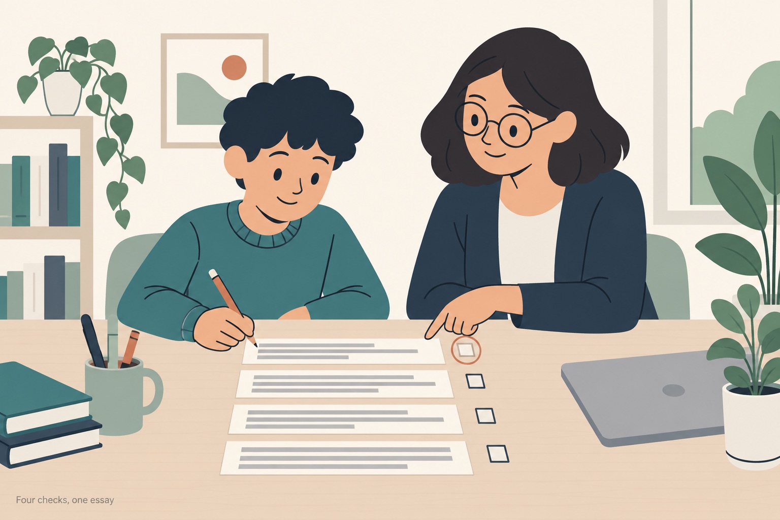 A student and a tutor sitting side by side at a wide desk with one essay sheet of grey placeholder text bars cut into four separate strips laid out in a row, a small empty tick box beside each strip, the student holding a pencil over the first strip as the tutor points at it, that first tick box ringed in thin terracotta