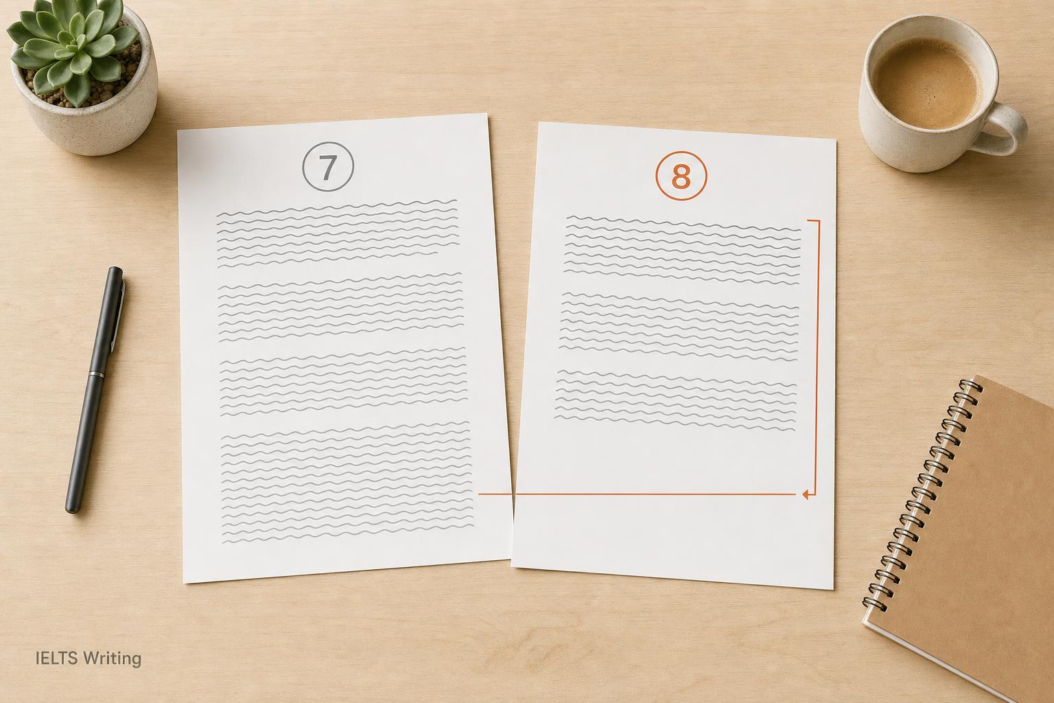 Two printed IELTS Task 2 answers side by side, the band 7 one running five paragraph blocks to the foot of the page and the band 8 one ending higher up in four, marked with a rule showing it is the shorter answer