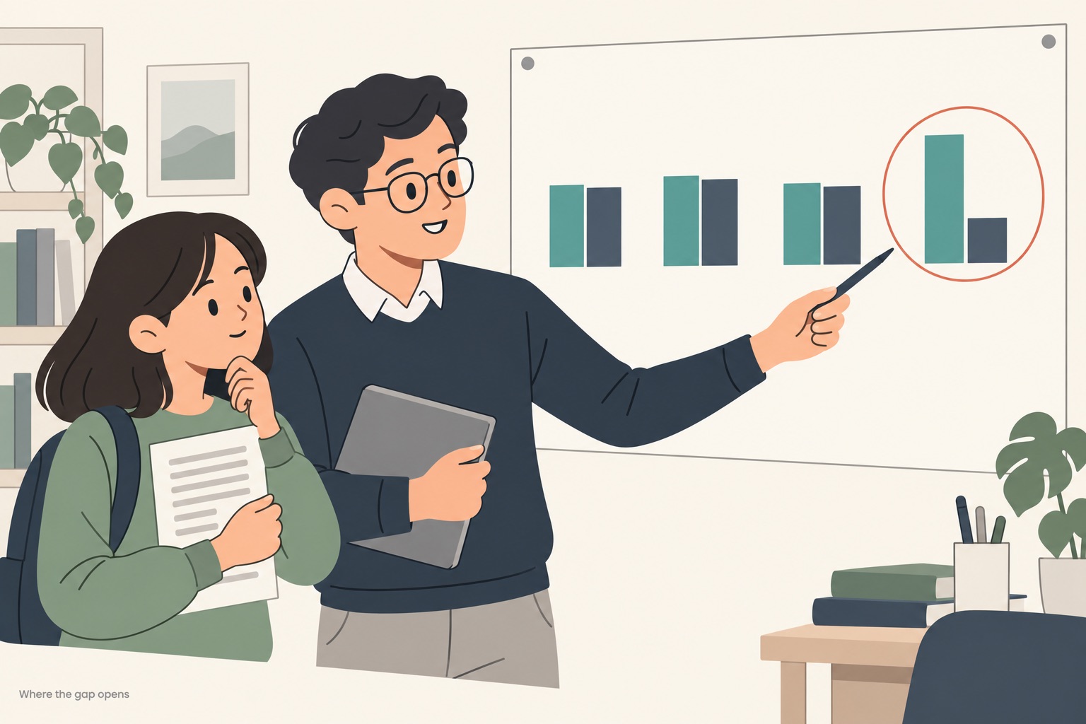 A tutor and a student standing in front of a pinned-up board of four pairs of teal and slate bars, three pairs nearly level and the fourth pair with a much taller teal bar ringed in thin terracotta, the tutor pointing at it with a pen while the student holds an essay page of grey placeholder bars