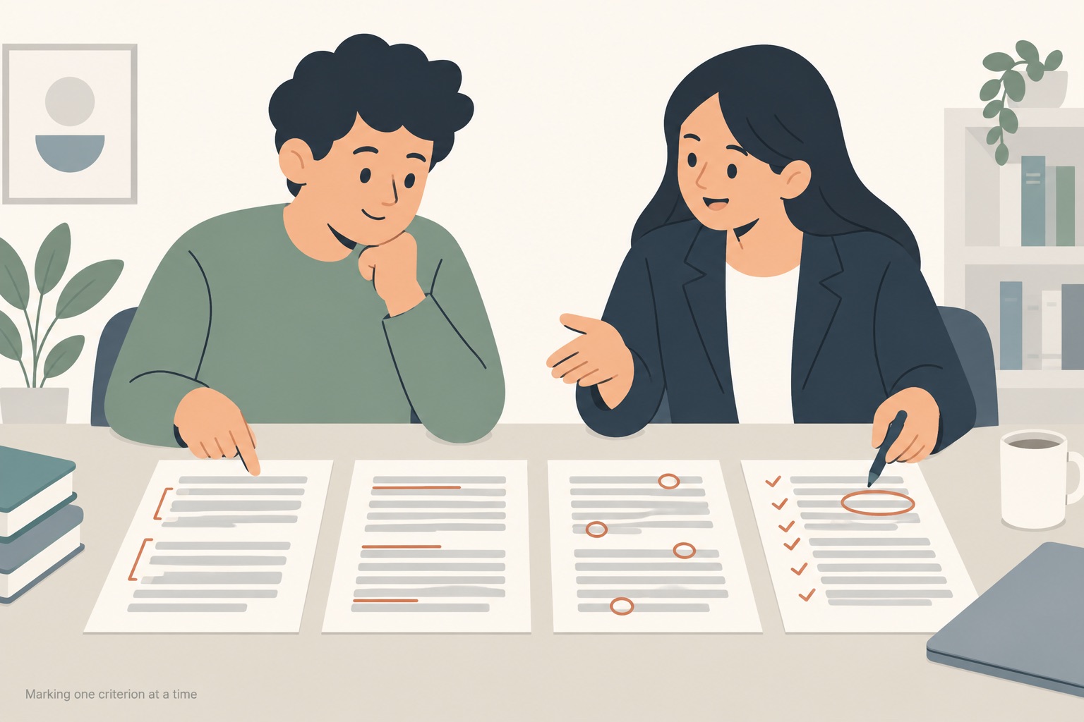 A student and a tutor sitting side by side at a table with the same essay page laid out four times in a row, each copy of grey placeholder bars marked a different way — bracketed lines, underlined openings, circled words and ticks down the margin — the tutor pointing a pen at a line ringed in thin terracotta on the fourth copy