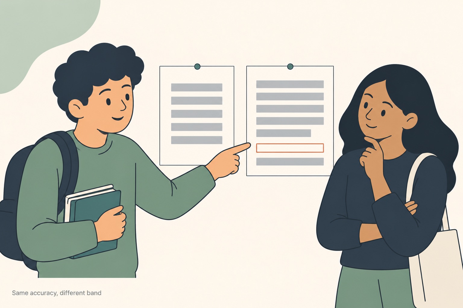 Two students standing at a wall where two paragraph sheets hang side by side, the left made of five short even grey placeholder bars and the right of longer bars with two more added underneath, one of the added bars outlined in thin terracotta, one student pointing across to it