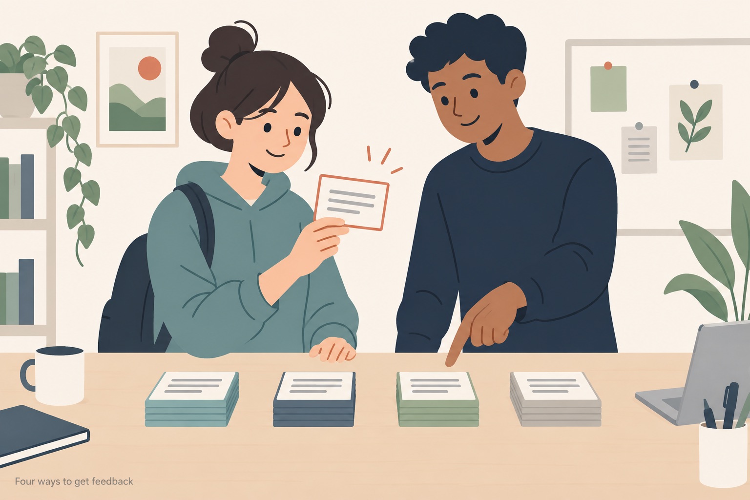 A seated student holding up a single card outlined in thin terracotta while a study partner beside them points at one of four short stacks of cards in teal, navy, sage and grey laid in a row across the table