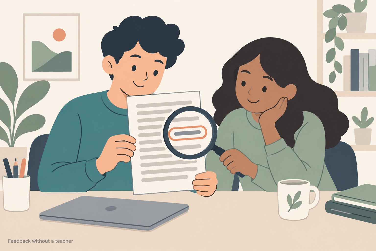 A student at a desk holding up an essay page of grey placeholder bars while a study partner beside them holds a magnifying glass over one line, that line ringed in thin terracotta, a closed laptop and a mug on the desk in front of them
