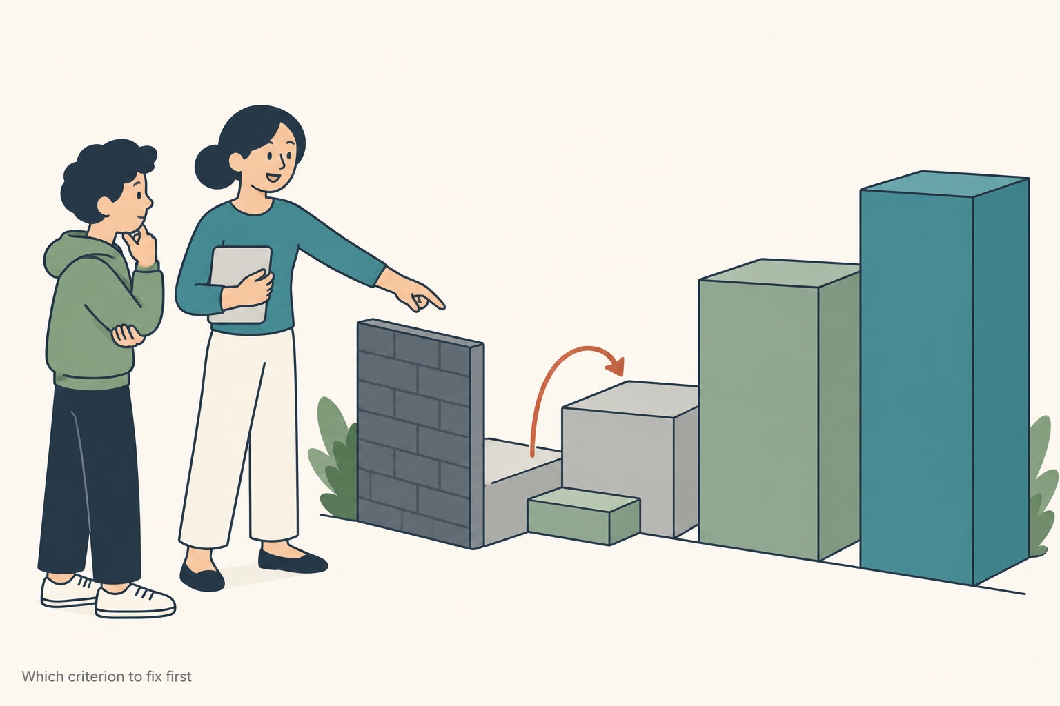 A tutor and a student standing in front of four blocks of different heights, the lowest block behind a tall brick wall and the next one reachable by a short low step, the tutor pointing at the short step while a thin terracotta arrow curves over it