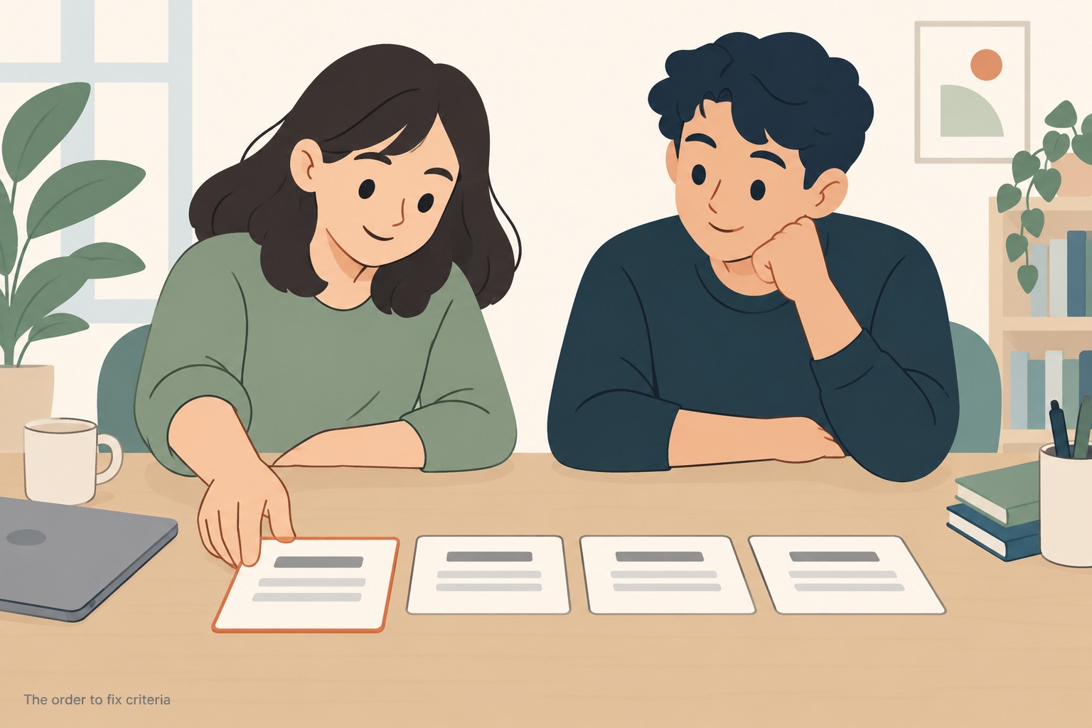 A student and a study partner sitting side by side at a table with four cards of grey placeholder bars laid out in a row, the student's hand pressing the first card forward, that first card edged in thin terracotta