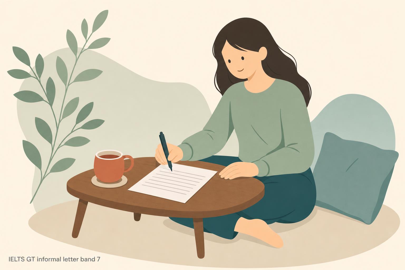 A young woman sitting cross-legged on the floor beside a low table, handwriting a letter with a mug of tea next to her, relaxed and unhurried