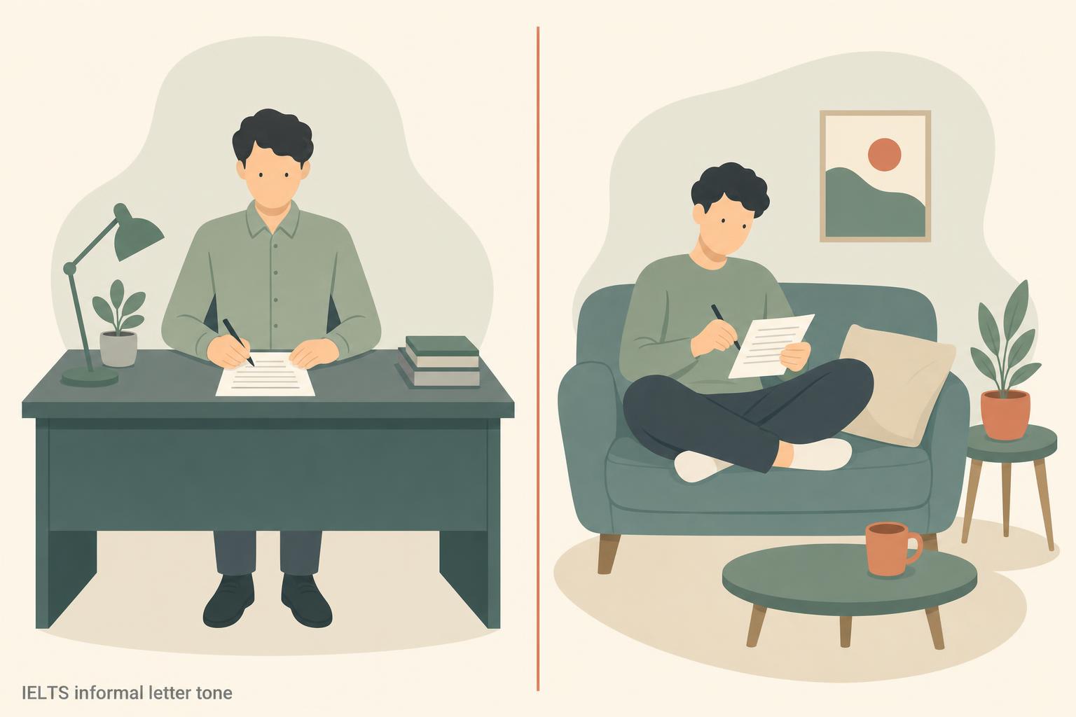 A split illustration: on the left the same person sits bolt upright at a formal desk writing stiffly, and on the right sits relaxed on a sofa writing a letter to a friend