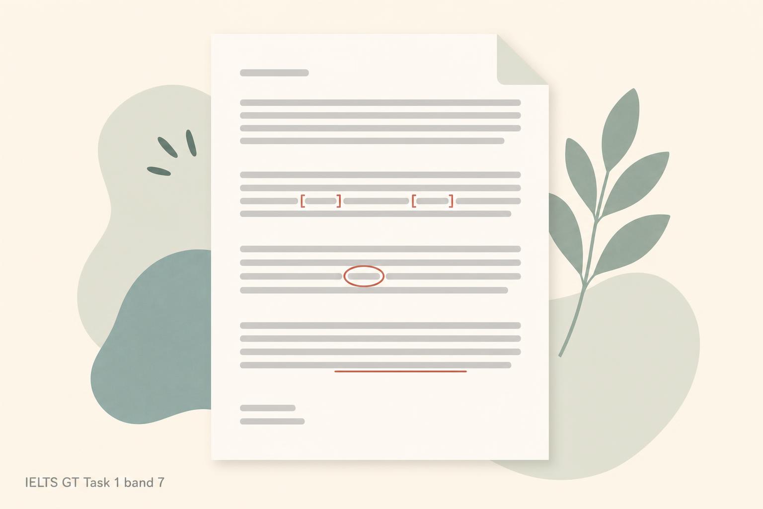 A printed formal complaint letter with three faults marked in the margin — a circled word in the third paragraph, a repeated connective bracketed twice in the second, and an underlined phrase in the fourth