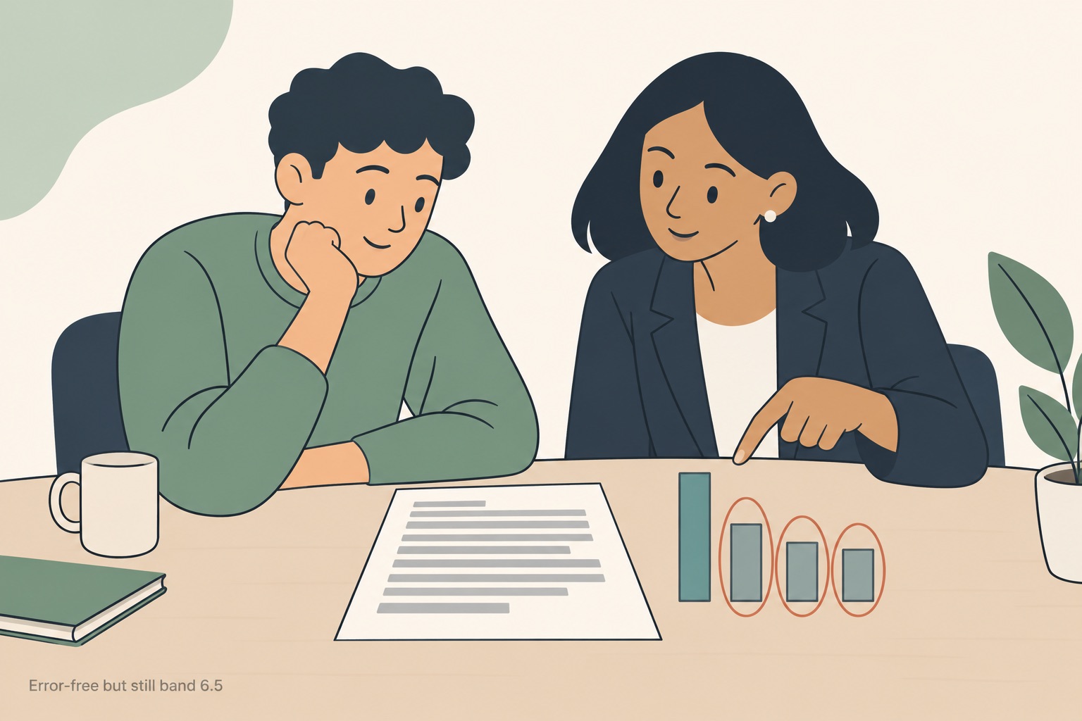 A tutor and a student sitting side by side at a table over one essay sheet that carries no correction marks, its text drawn as plain grey bars, with four upright bars standing beside it, one tall and three clearly shorter, the three short bars ringed in thin terracotta as the tutor points at them