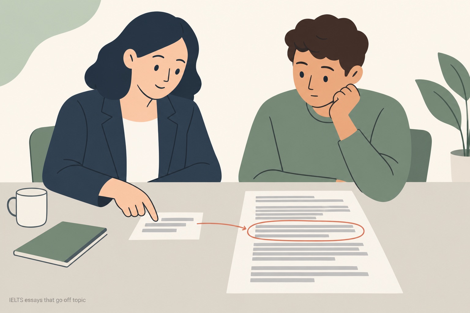 A student and an examiner sitting side by side at a table, a small prompt card in front of the examiner and a large essay sheet of grey placeholder text bars beside it, a thin terracotta arrow running from the card across to one paragraph on the sheet that is ringed in terracotta