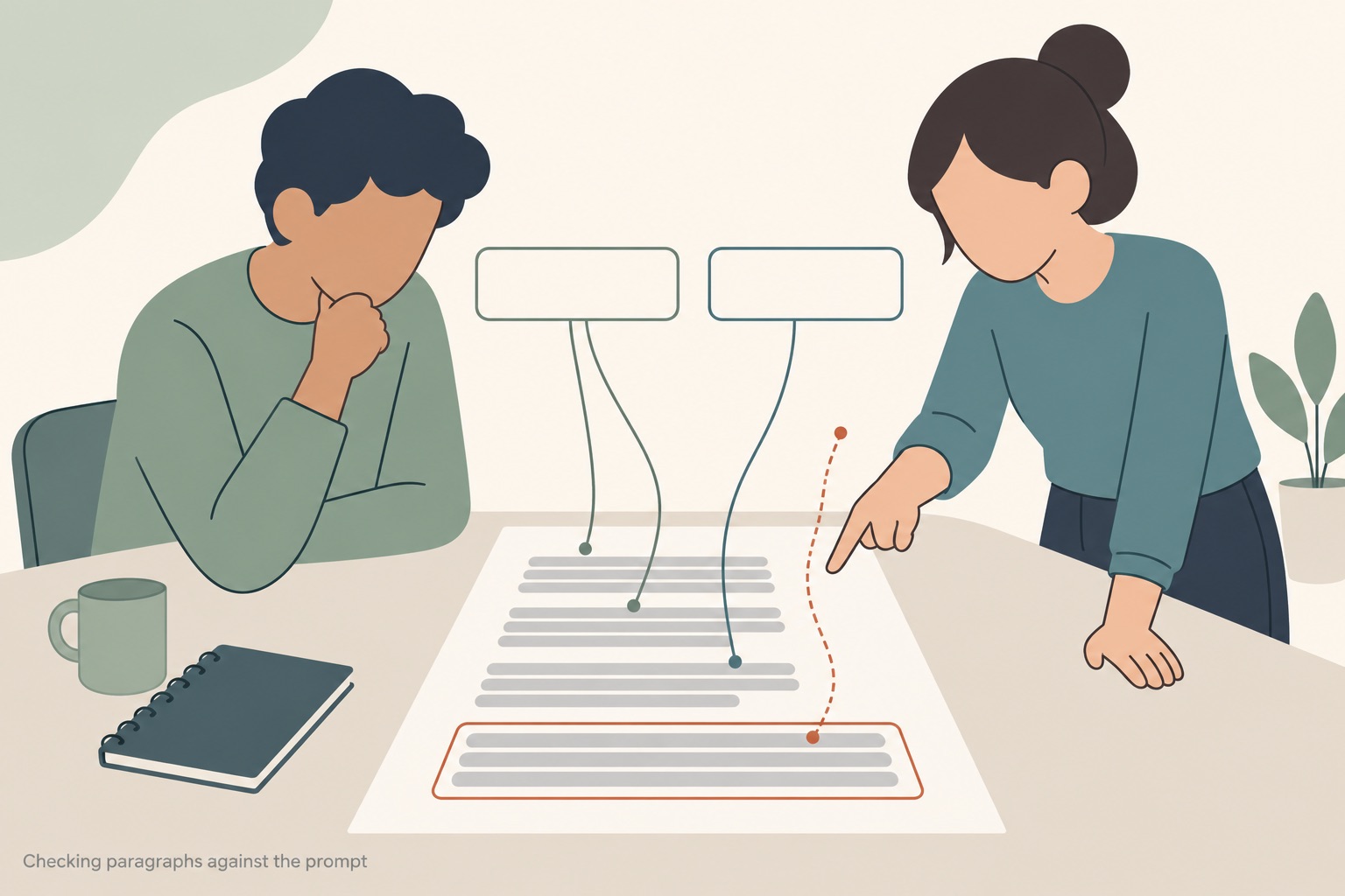 Two students leaning over a table above a large essay sheet made of grey placeholder text bars, two empty rounded boxes floating above the sheet with thin lines running down from them to three of the paragraph blocks, and a dashed terracotta line from the remaining paragraph block reaching up to nothing, that block ringed in terracotta while one student points at the dangling line