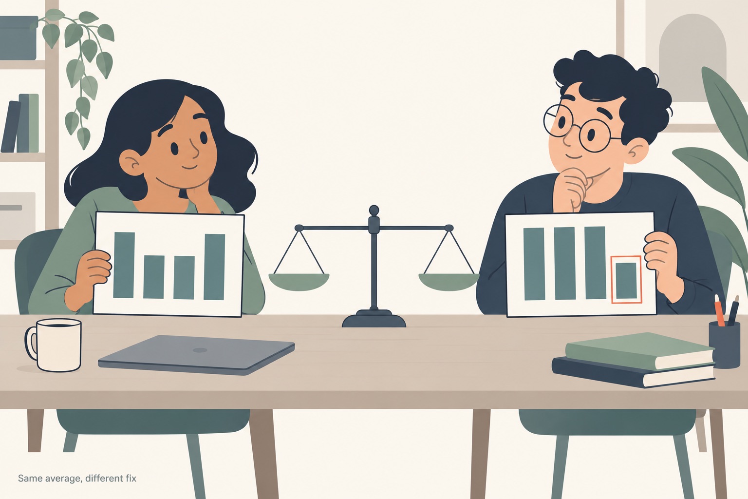 Two study partners at a table each holding up a board of four bars, one board with two bars a little short and the other with one bar much shorter and ringed in thin terracotta, a balance scale between them sitting level