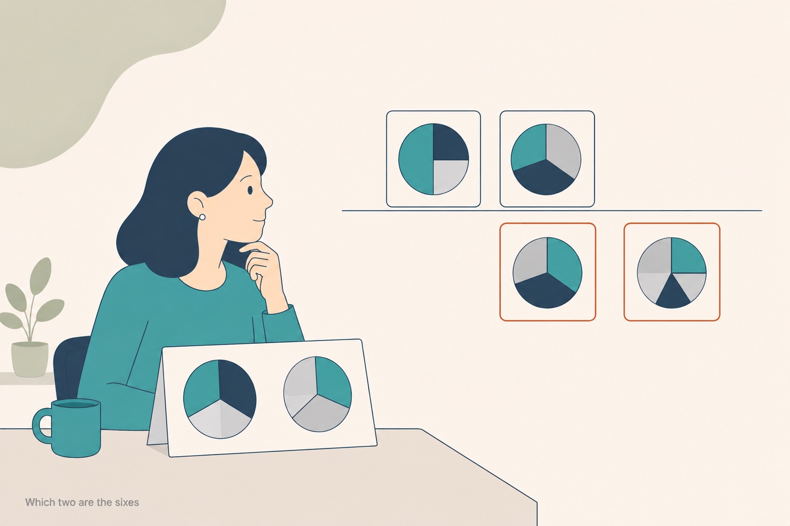 A student at a desk looking at four criterion tiles floating beside her, two sitting on an upper line and two on a lower line, the two lower tiles outlined in thin terracotta, with two pie charts propped on the desk in front of her
