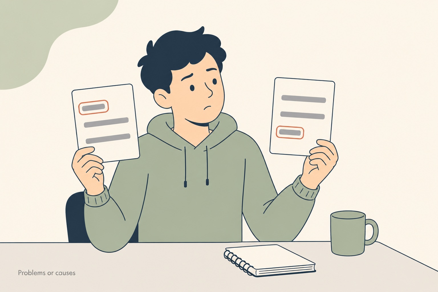 A student at a desk holding two near-identical question cards side by side, looking from one to the other, with a single word on each card circled in terracotta to show they differ
