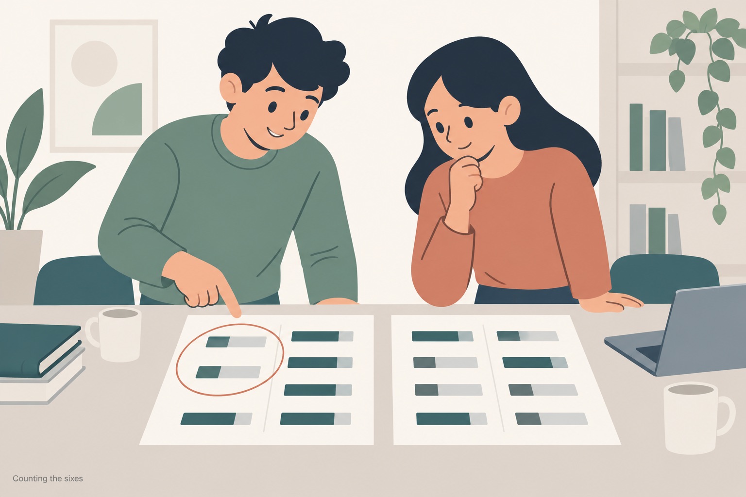 Two study partners leaning over a table with two score sheets side by side, each showing eight small bars in two columns, one student pointing at the left sheet where two short bars are ringed in thin terracotta while the right sheet has four short bars left unmarked