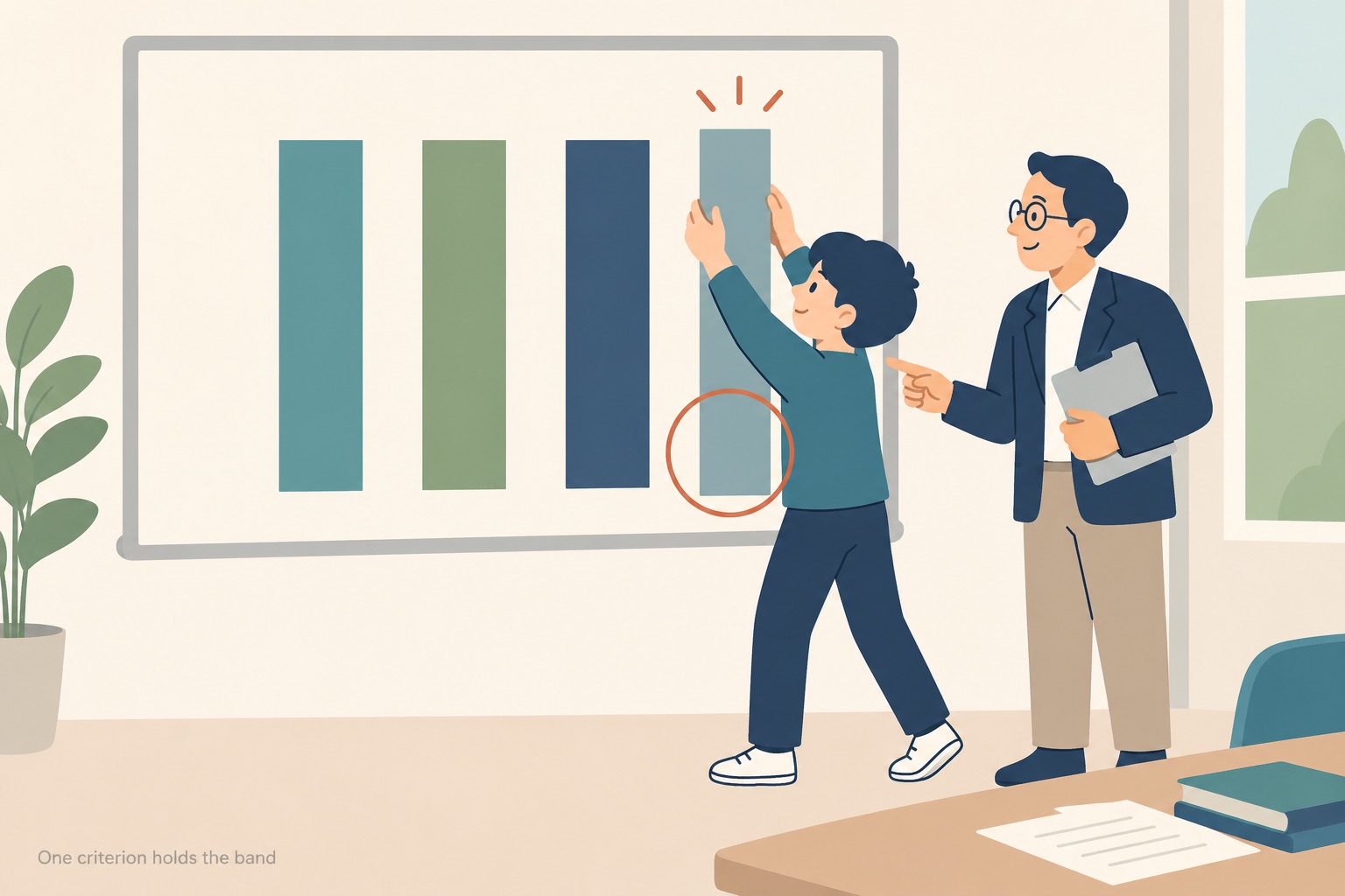 A student and an examiner standing at a wall board showing four tall upright bars, the fourth bar ringed in thin terracotta near its base, the student reaching up with both hands to lift it level with the other three while the examiner points at it