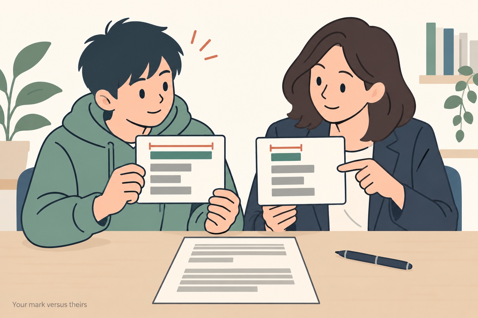A student and a tutor sitting side by side at a table, each holding up a small card of four horizontal bars, the top bar longer on the student's card than on the tutor's, each top bar measured by a thin terracotta bracket, with an essay page of grey lines on the table between them