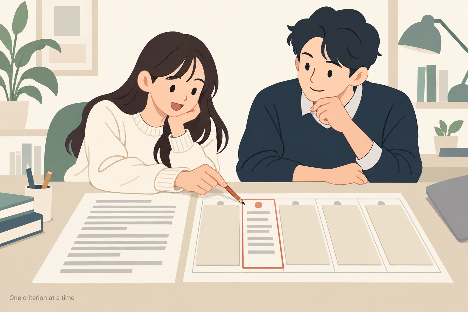 A student and a tutor at a desk with an essay page of grey placeholder lines beside a descriptor sheet of columns, every column covered by a blank card except one, which the student points at with a pencil while the tutor looks on, the uncovered column outlined in thin terracotta