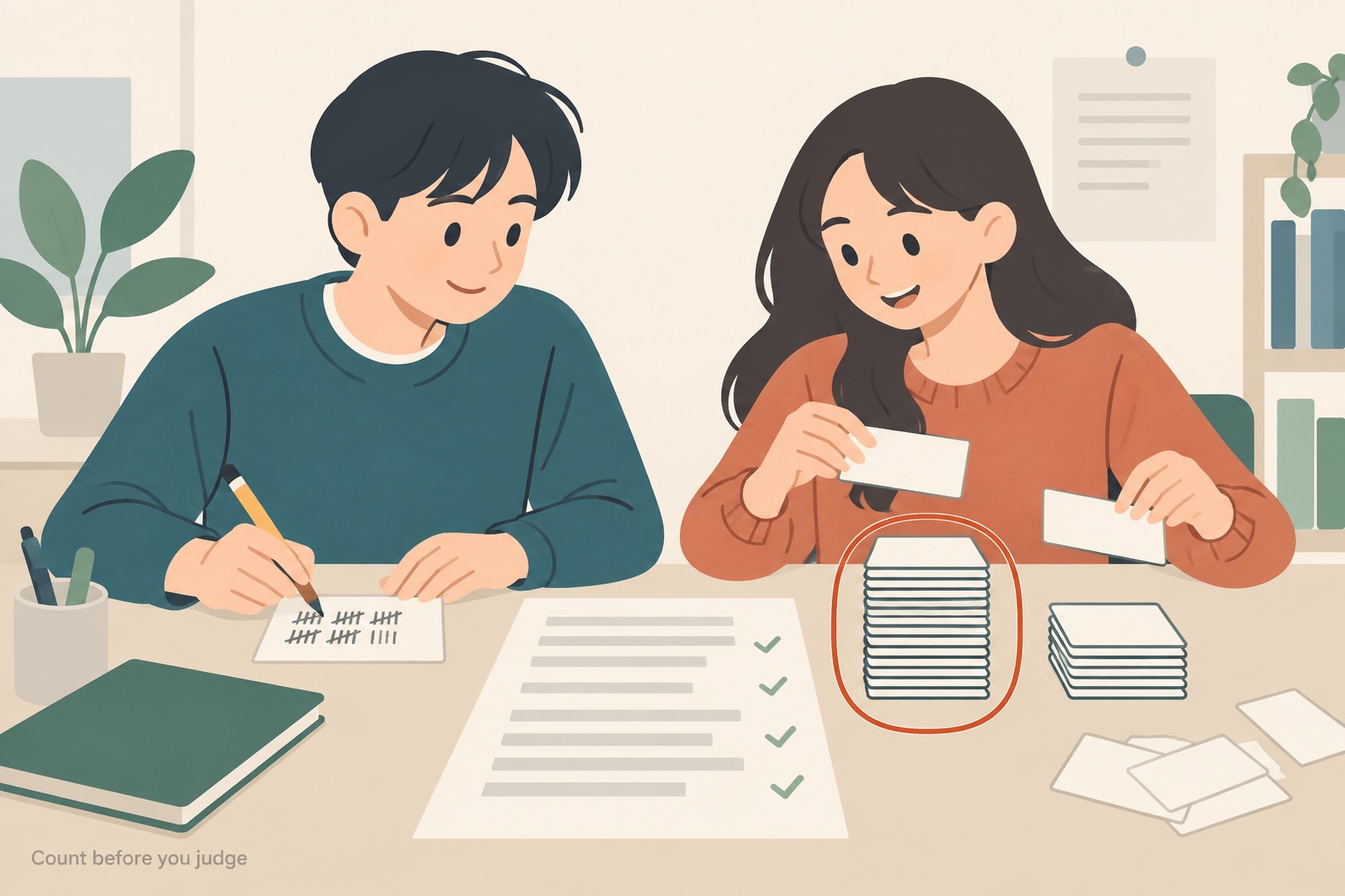 Two study partners at a table with an essay page of grey placeholder lines ticked in sage green, one partner keeping a tally on a small card while the other sorts blank word cards into two piles, the taller pile ringed in thin terracotta