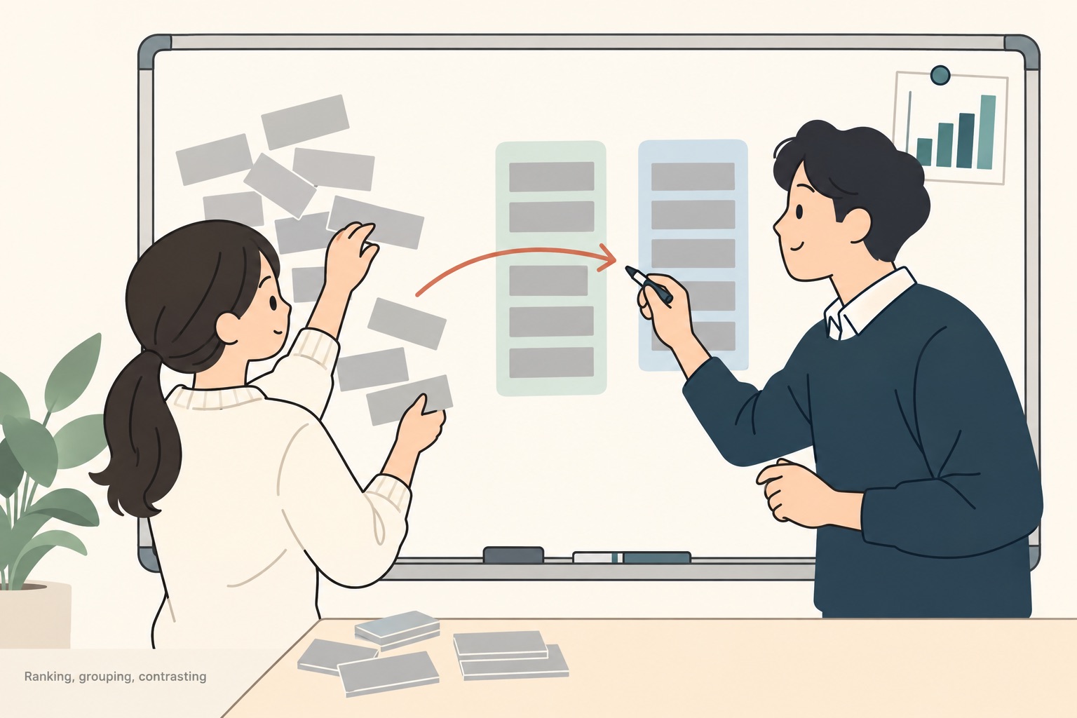 A tutor and a student at a whiteboard, the student moving loose grey sentence strips from a messy cluster into two neat columns while the tutor draws a thin terracotta arrow curving into the second column, a small bar chart pinned in the corner