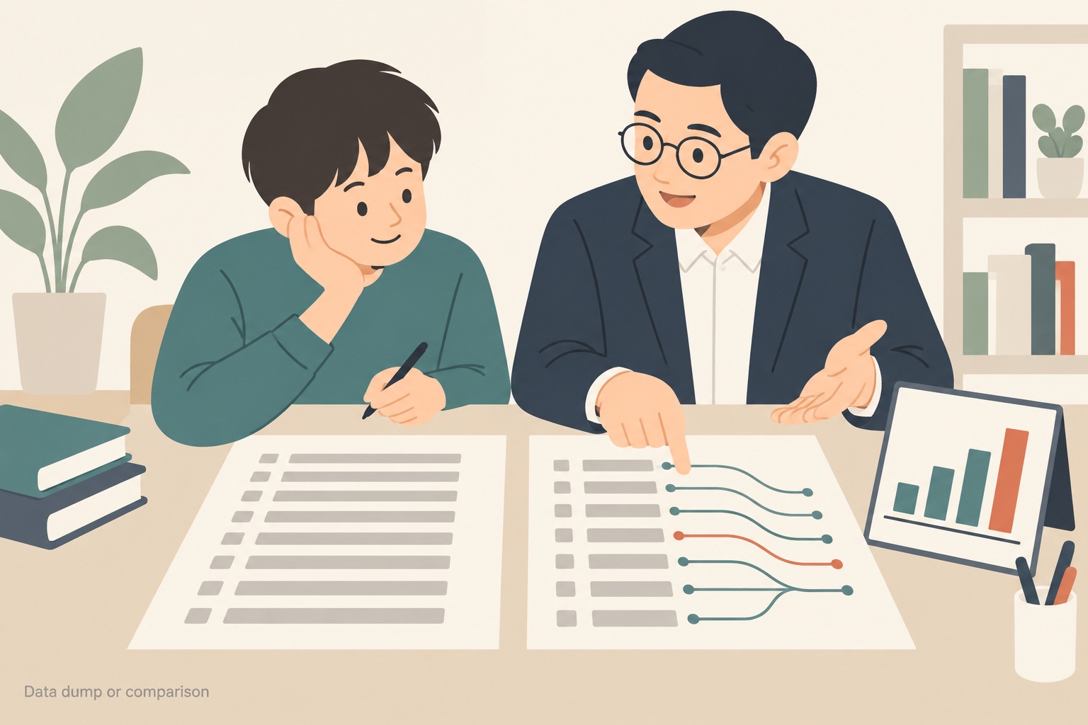 An examiner and a student sitting side by side at a desk with two answer sheets of grey placeholder lines, the examiner pointing at the right-hand sheet where thin teal lines branch out from its rows, one of them in terracotta, with a small bar chart propped up beside it