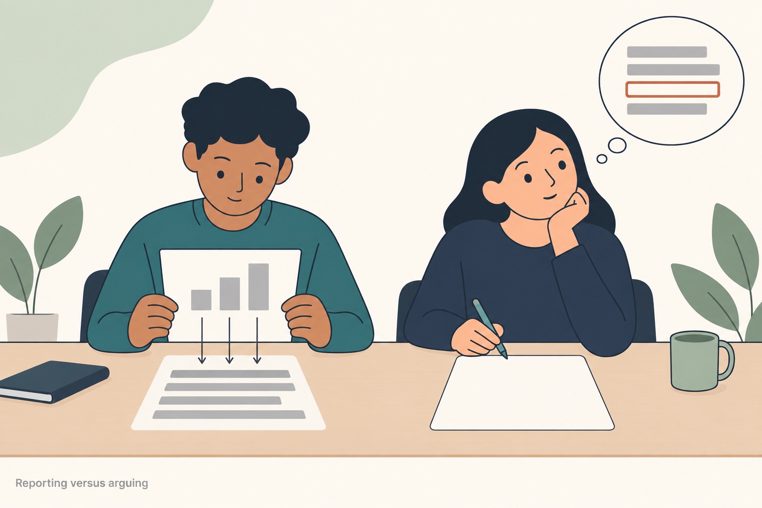 Two students at one long desk, the left one holding up a sheet with a small bar chart as three thin arrows run from it down into a sheet of grey paragraph placeholder bars, the right one with a pen over a blank sheet and a thought bubble above holding grey placeholder bars with one outlined in thin terracotta