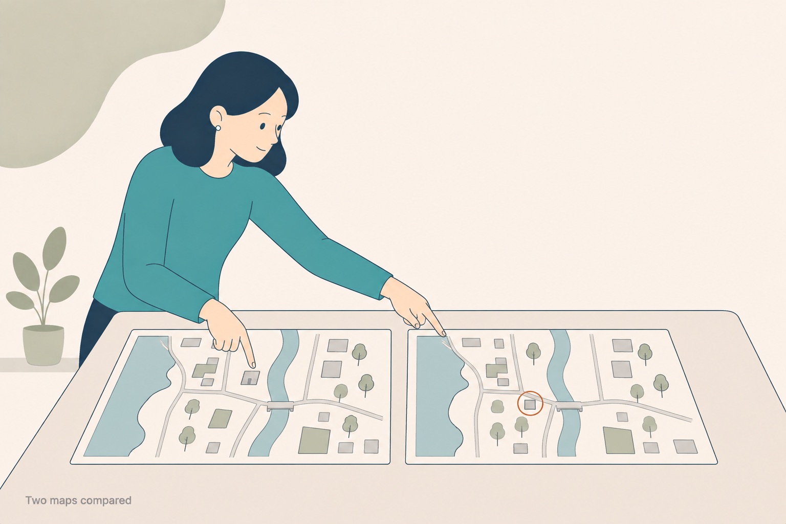 A student standing at a table with two simple town maps laid side by side, pointing from a feature on the left map to the same spot on the right map, one changed feature ringed in thin terracotta