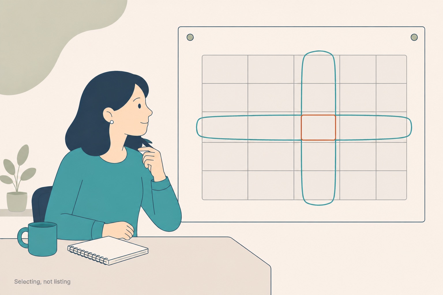 A student at a desk with a twelve-cell table propped in front of her, drawing a loose circle around one row and one column while most of the other cells stay plain grey, one circled group outlined in terracotta