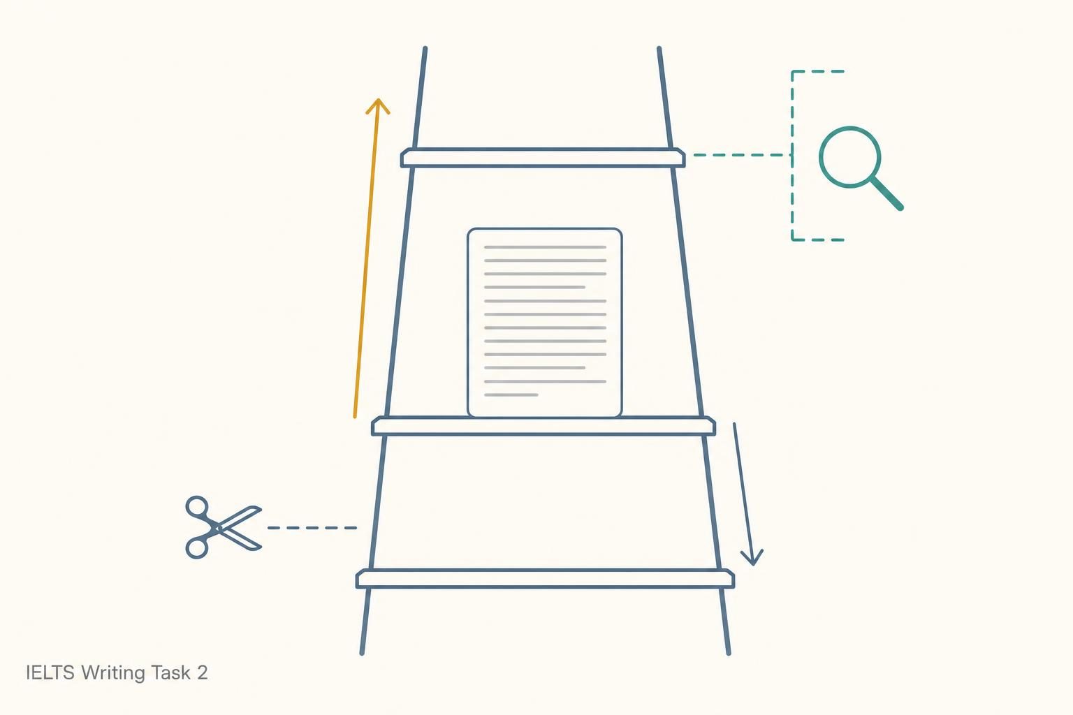 The band 7 IELTS Task 2 essay resting on the middle rung of a three-rung ladder, an arrow up to the band above and an arrow down to the band below, with scissors marking the cut that drops it and a magnifier marking the paragraph that raises it