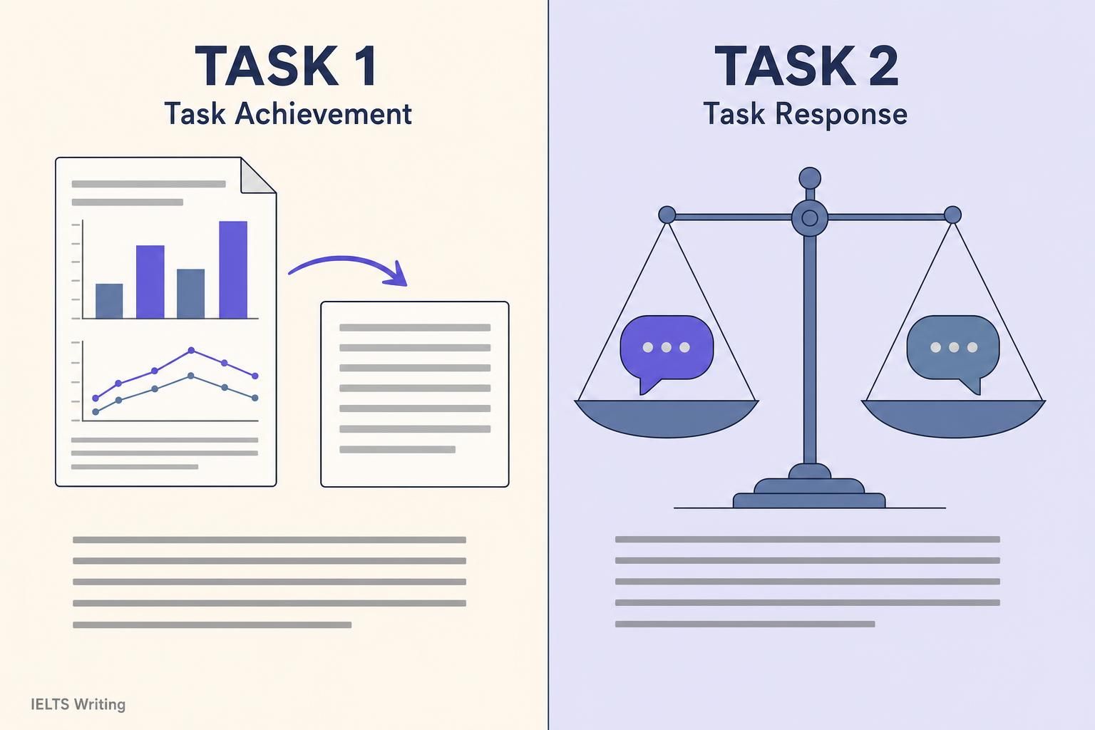 IELTS Writing Task 1 is marked on Task Achievement and Task 2 on Task Response: transferring given data on one side, weighing a position on the other