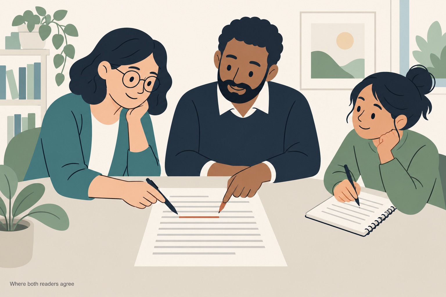 Two teachers sitting side by side at a table, both pointing with a pen and a finger at the same grey line in the middle of one shared essay page, that single line underlined in thin terracotta, while a student at the end of the table watches and takes notes in a spiral notebook