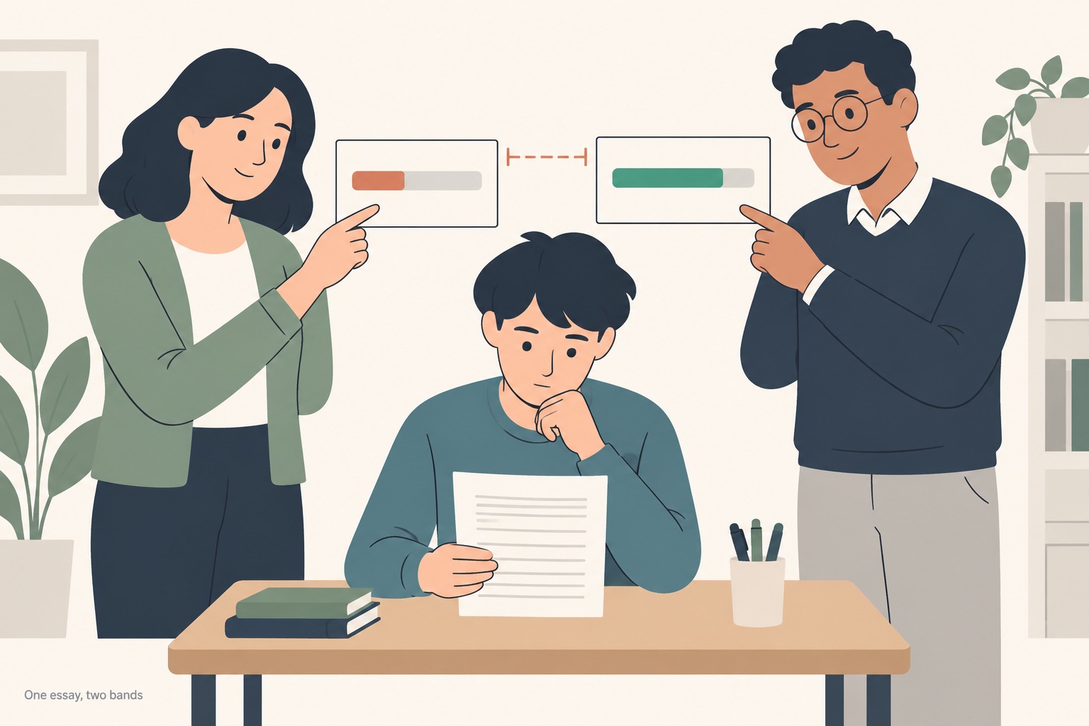 A student seated at a desk reading one essay page of grey placeholder lines while two teachers standing on either side point at two small cards, one showing a short score bar and the other a longer one, a thin terracotta dashed bracket spanning the gap between the cards