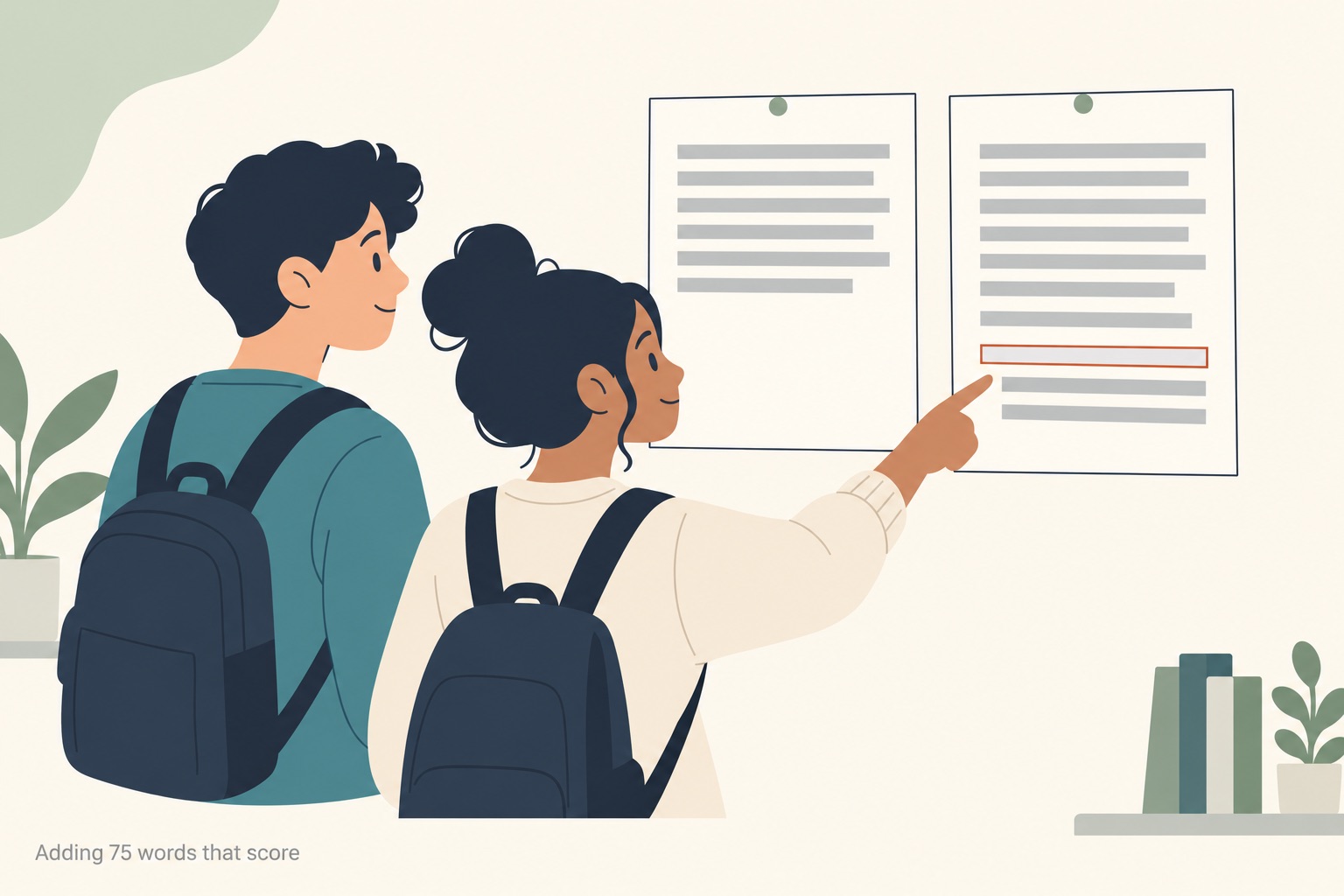 Two students with backpacks standing at a wall where two essay sheets are pinned side by side, the grey placeholder bars on the left sheet stopping partway down and the right sheet carrying three more bars below that point, one of them outlined in thin terracotta as one student points at it