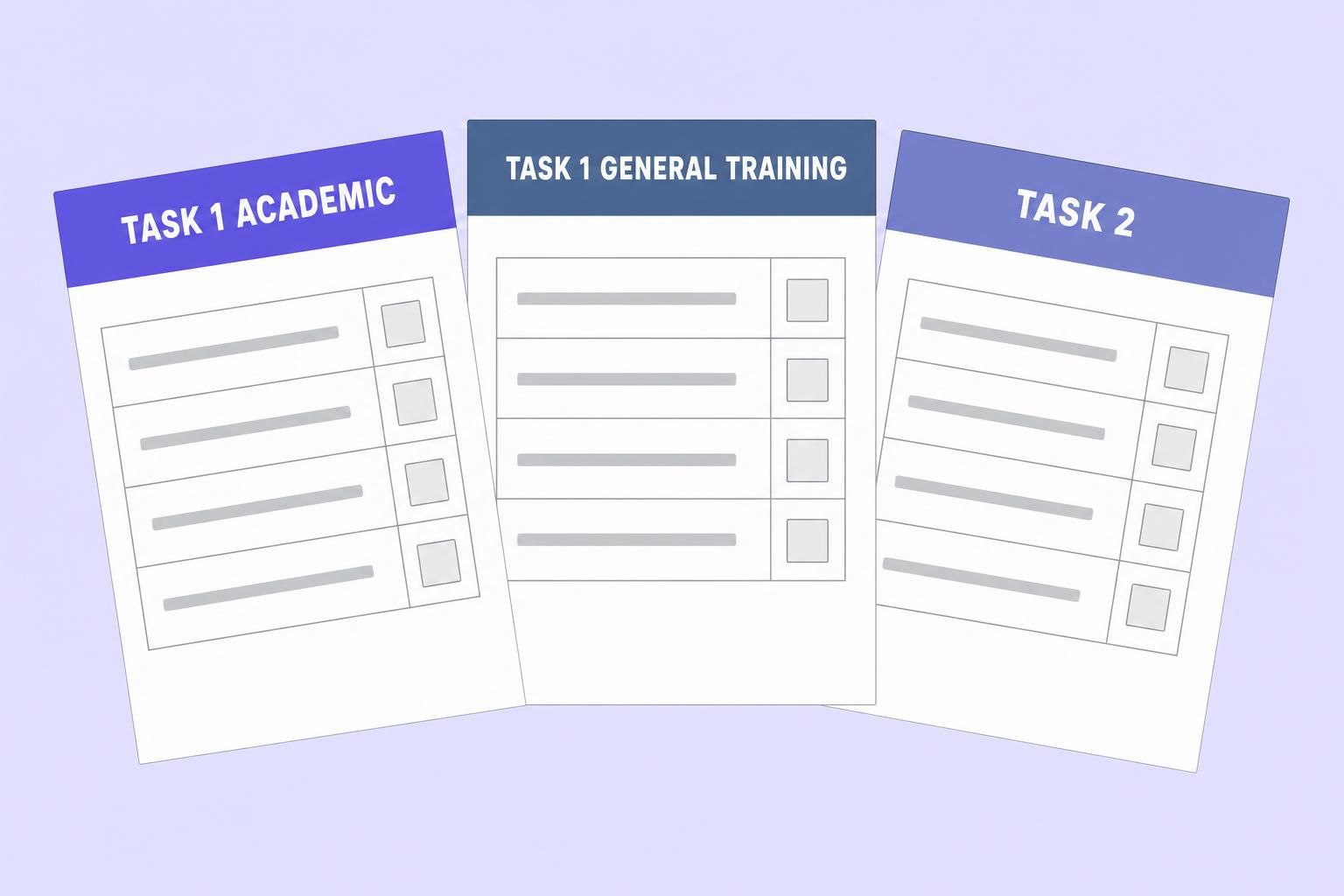 The three public IELTS Writing band descriptor documents side by side: Task 1 Academic, Task 1 General Training and Task 2, each holding four criteria scored across bands