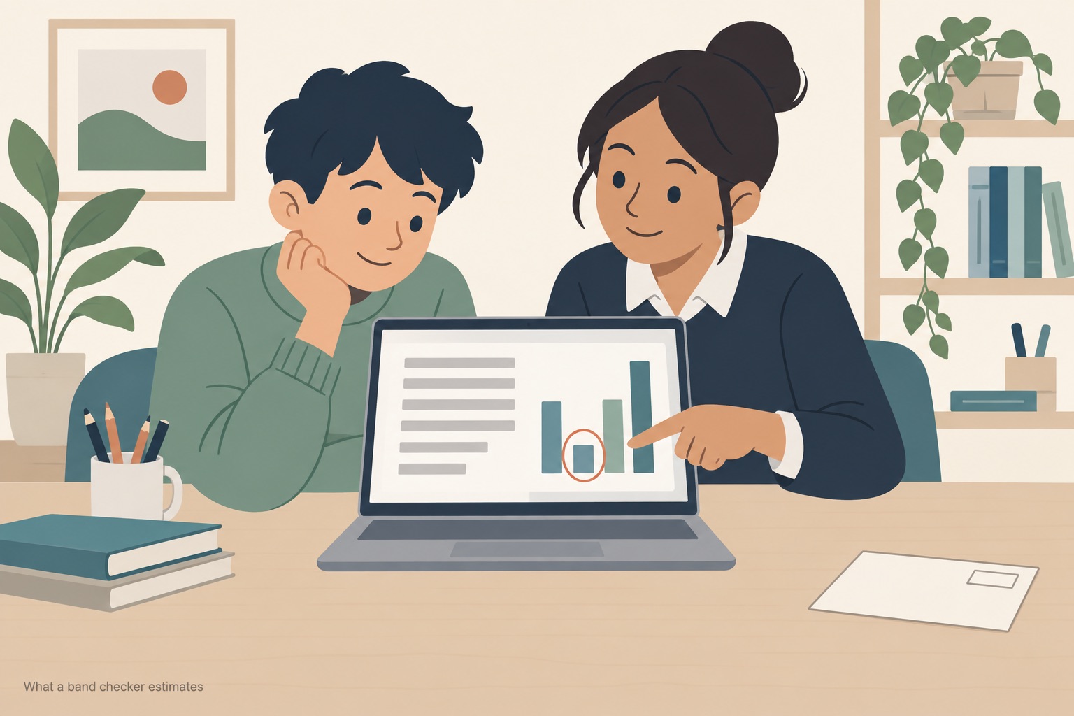 A student and a tutor sitting side by side at a desk looking at an open laptop whose screen shows grey placeholder text bars beside four vertical bars of different heights, the tutor pointing at the shortest bar, which is ringed in thin terracotta, with a plain closed envelope lying apart at the far end of the desk