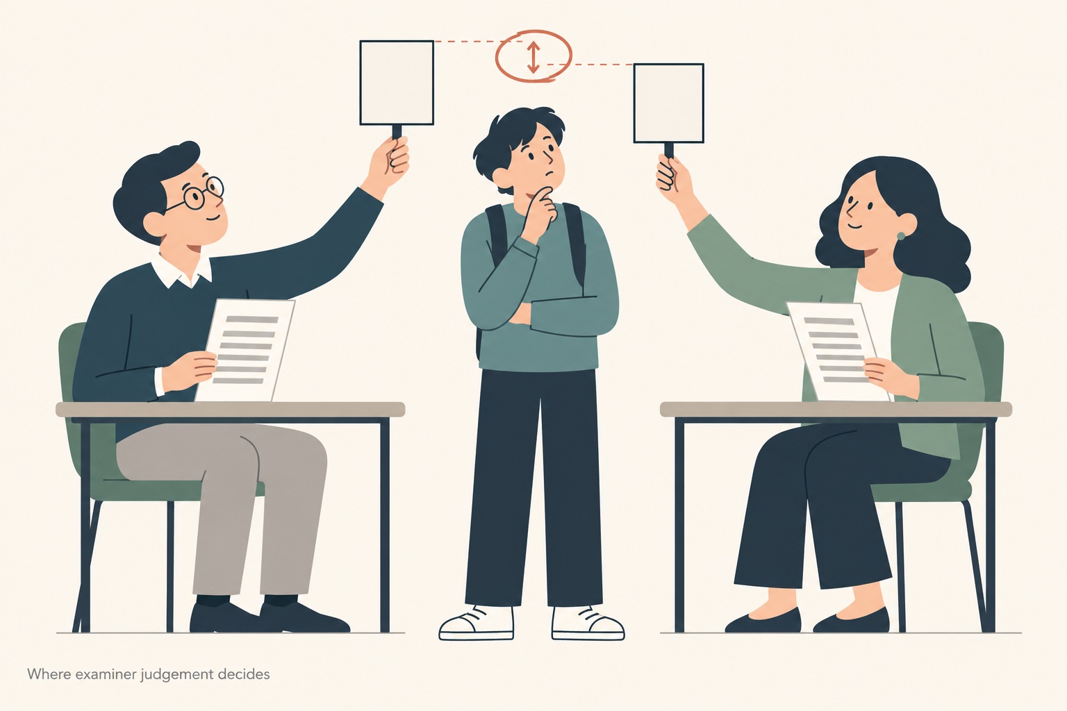 Two examiners seated at two separate desks on either side of a student, each holding the same essay sheet of grey placeholder bars and raising a blank score card, one card held slightly higher than the other, the student standing between them with a hand on their chin, the gap between the tops of the two cards ringed in thin terracotta