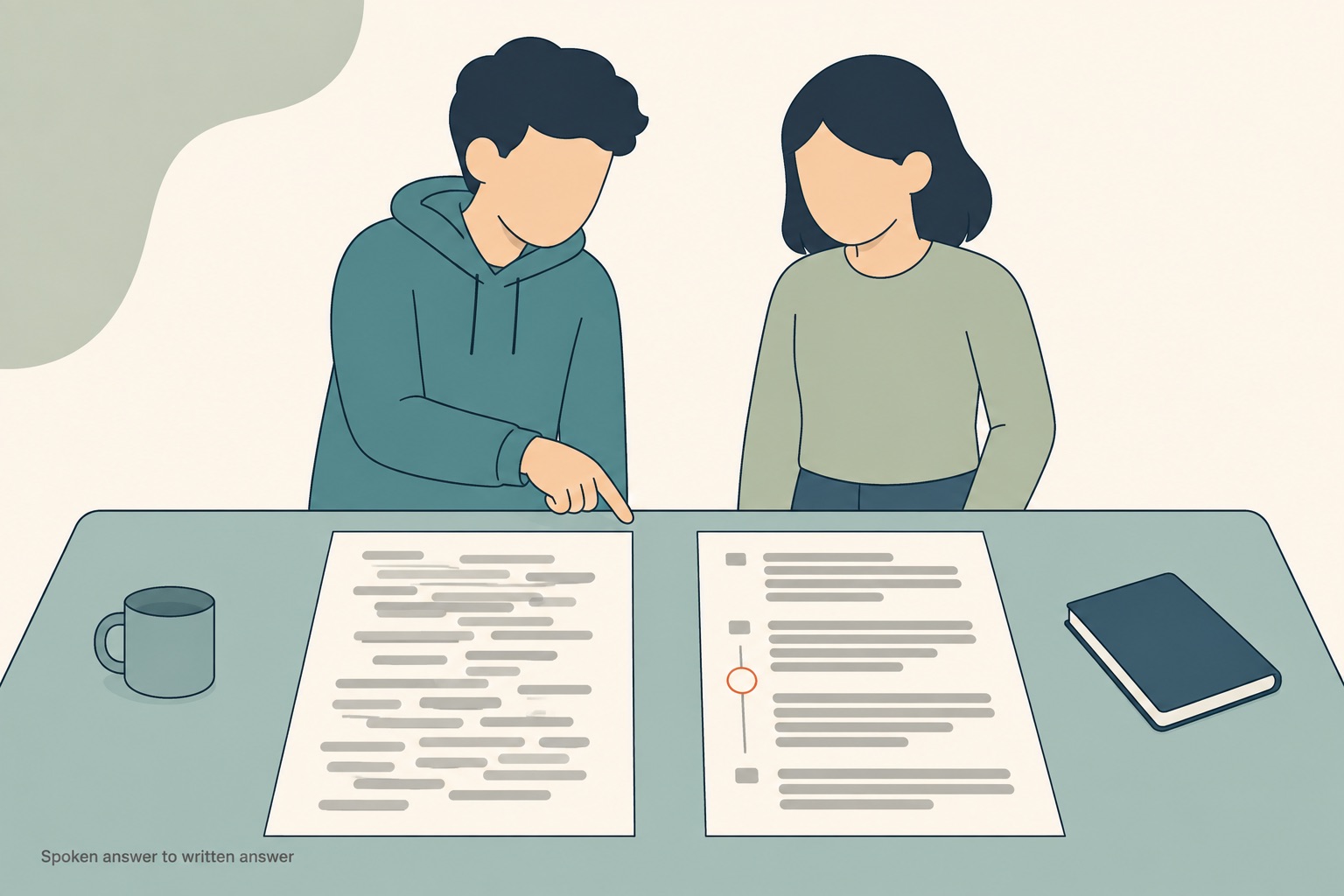 Two students standing over a table with two sheets laid side by side, the left sheet covered in loose scattered grey bars of uneven length running unbroken down the page, the right sheet holding the same grey bars grouped into evenly spaced indented blocks with one small connecting mark ringed in thin terracotta, one student pointing down at the left sheet